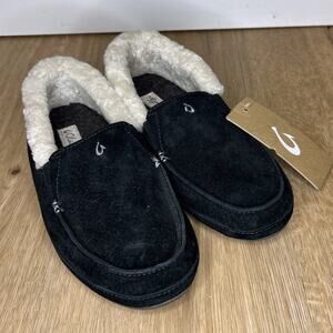 Olukai Women's 5 Ku'una Plush Moccasin Shearling Slipper Black Indoor Outdoor